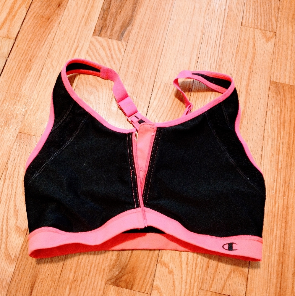 Champion Black basic sports bra without padding size small, front zipper and pin